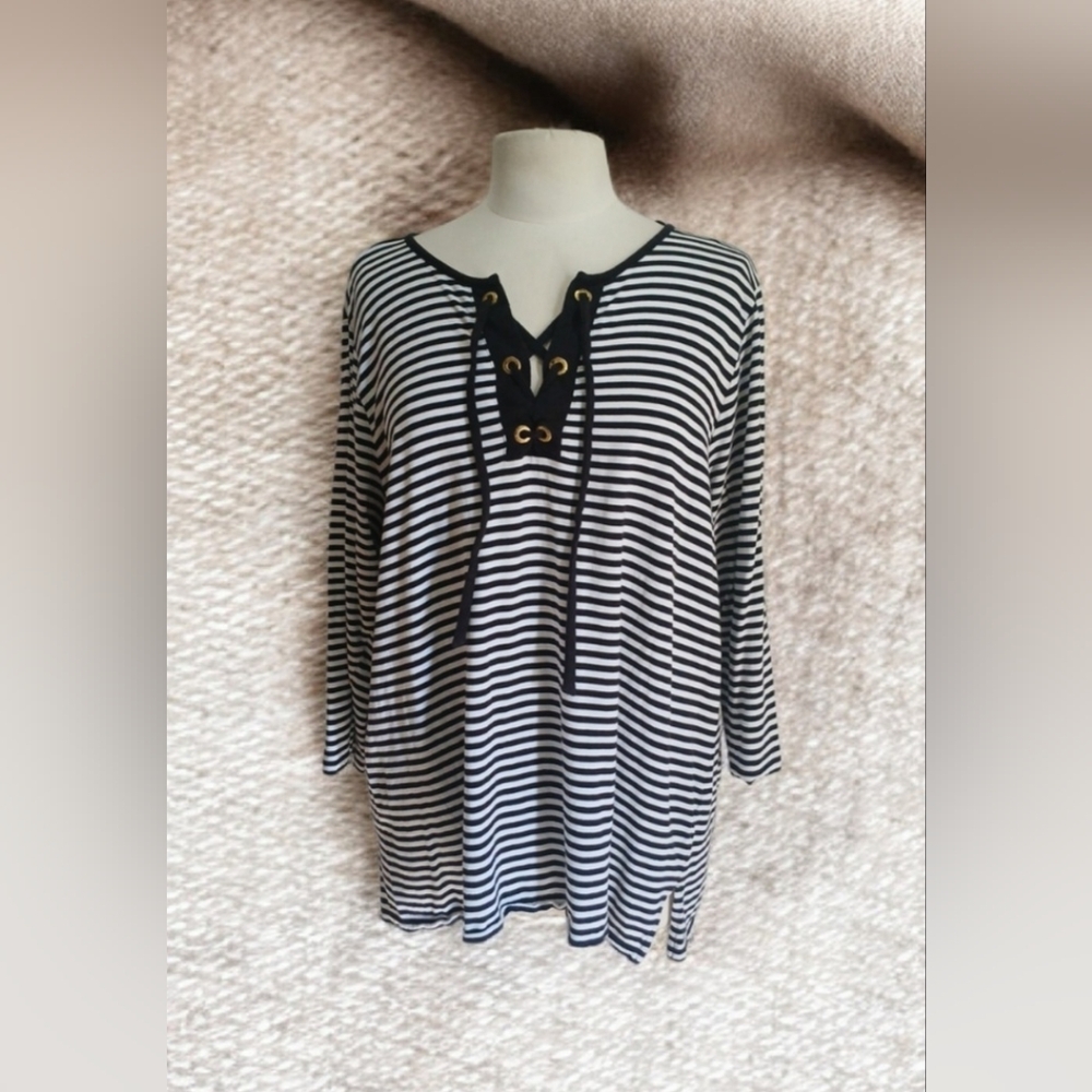 Michael Kors Black and White Striped Lace-Up Top